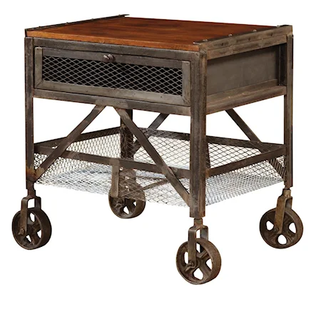 Industrial End Table with One Drawer & One Metal Shelf Basket